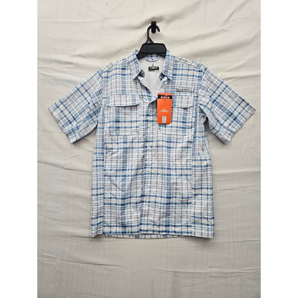 Habit Mens Plaid Short Sleeve Fishing Shirt Blue Polyester Casual Size Small